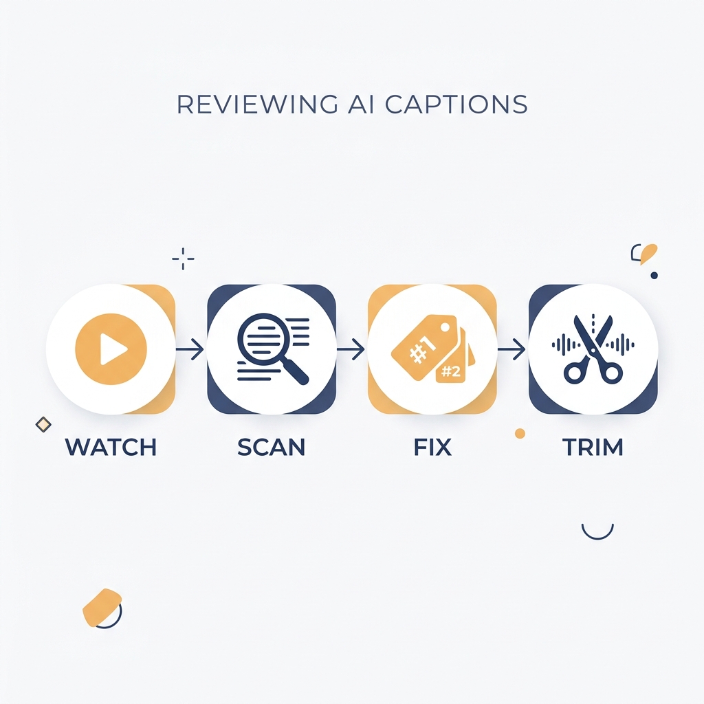Four-step checklist infographic for reviewing AI-generated video captions before publishing.