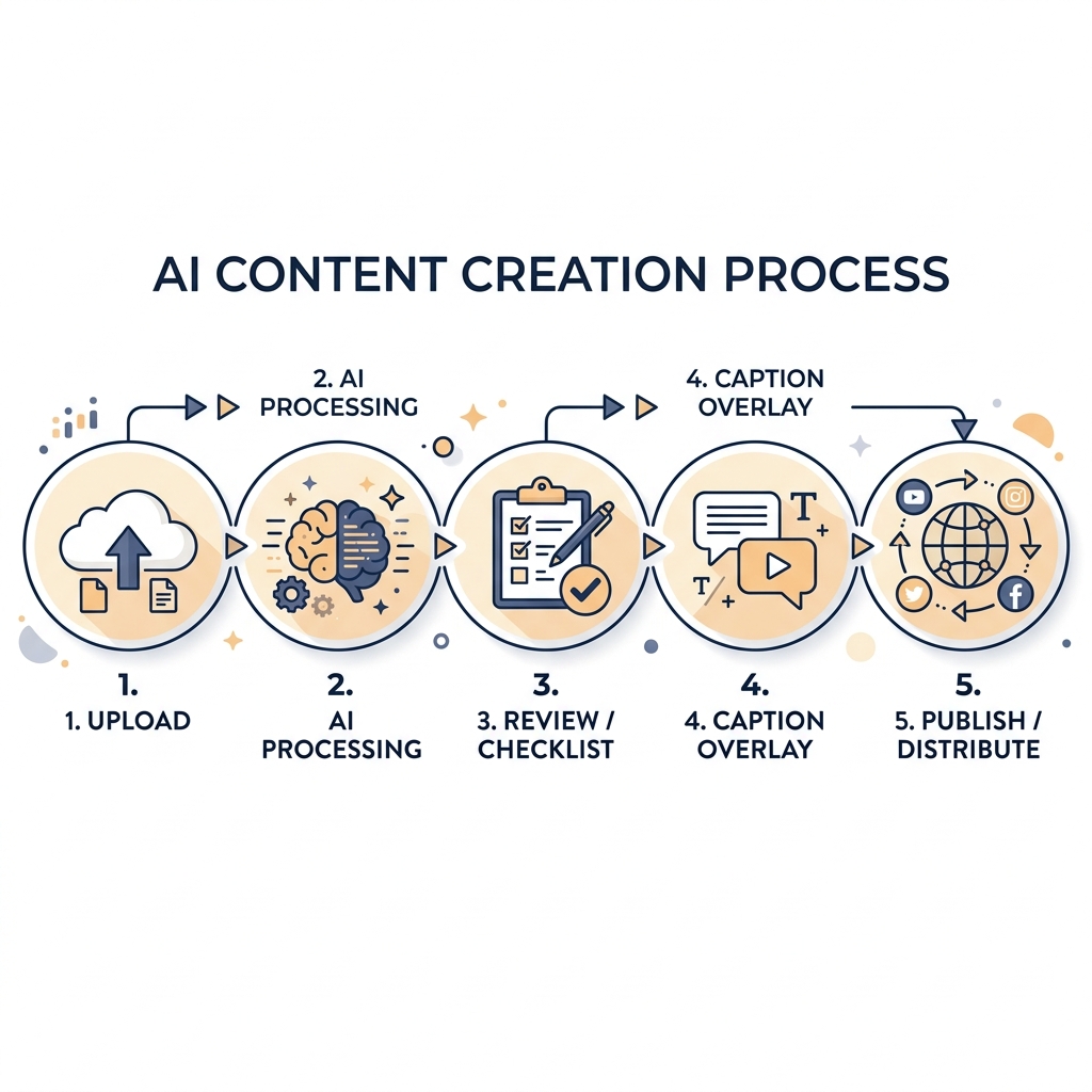 Five-step workflow for clipping short videos from long-form content using an AI tool.