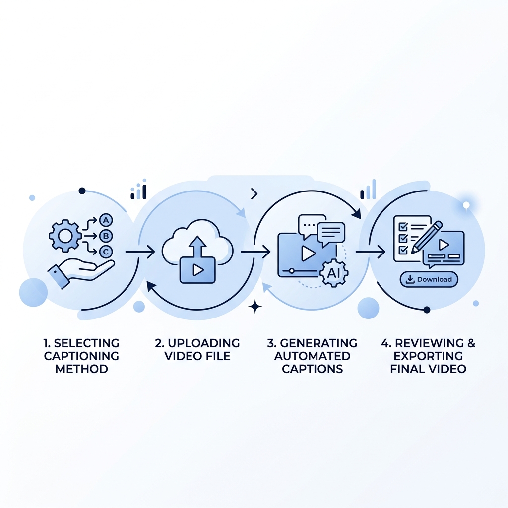 Four-step infographic showing the video captioning workflow from method selection to final export.