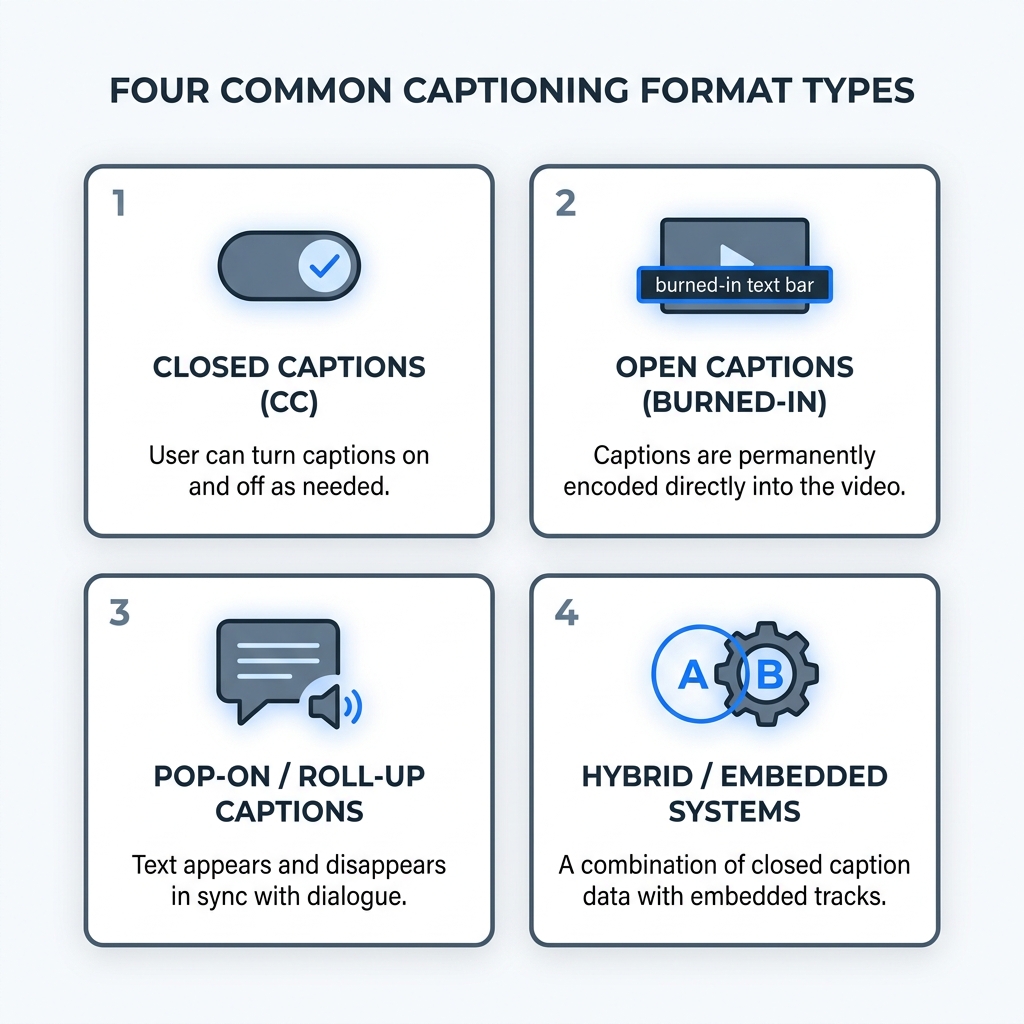 Infographic comparing four video caption formats: open captions, closed captions, subtitles, and SDH.