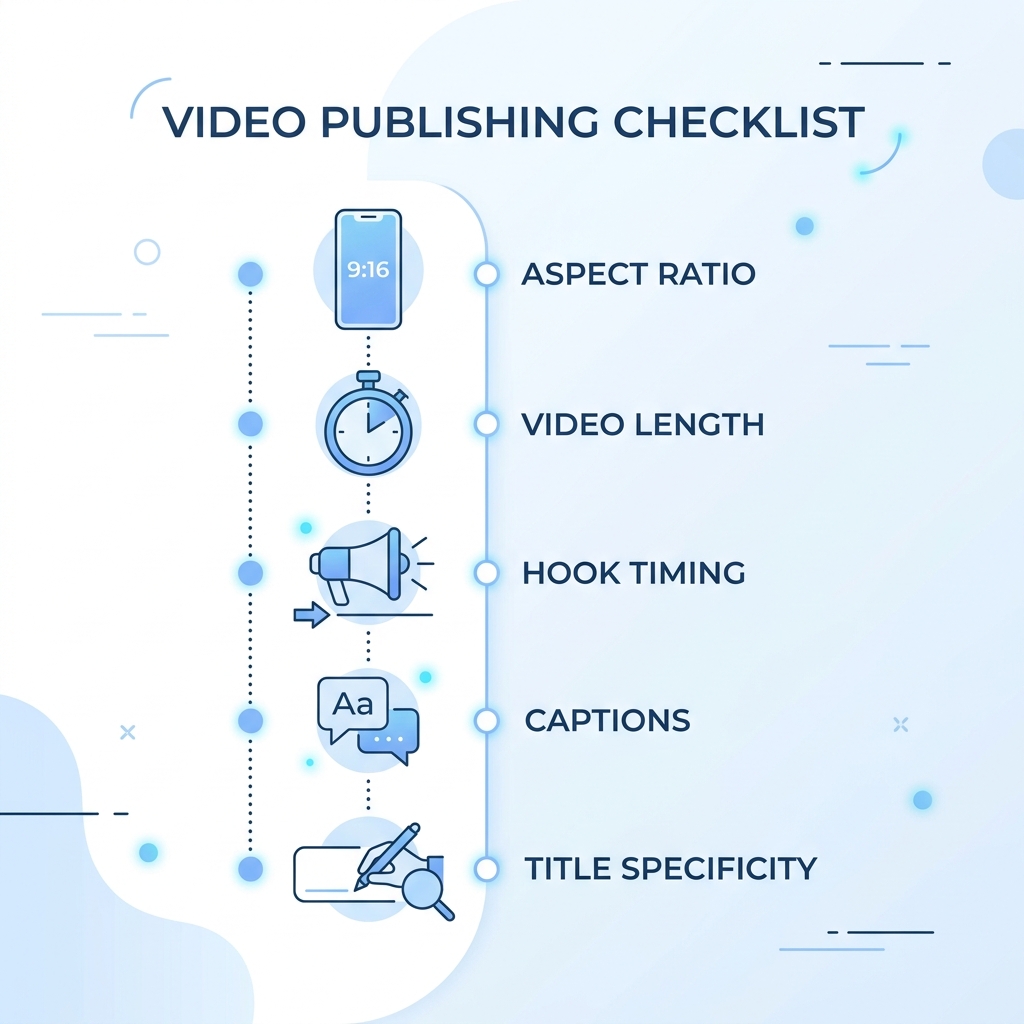 Five-step pre-publish checklist for YouTube Shorts covering aspect ratio, length, hook, captions, and title.