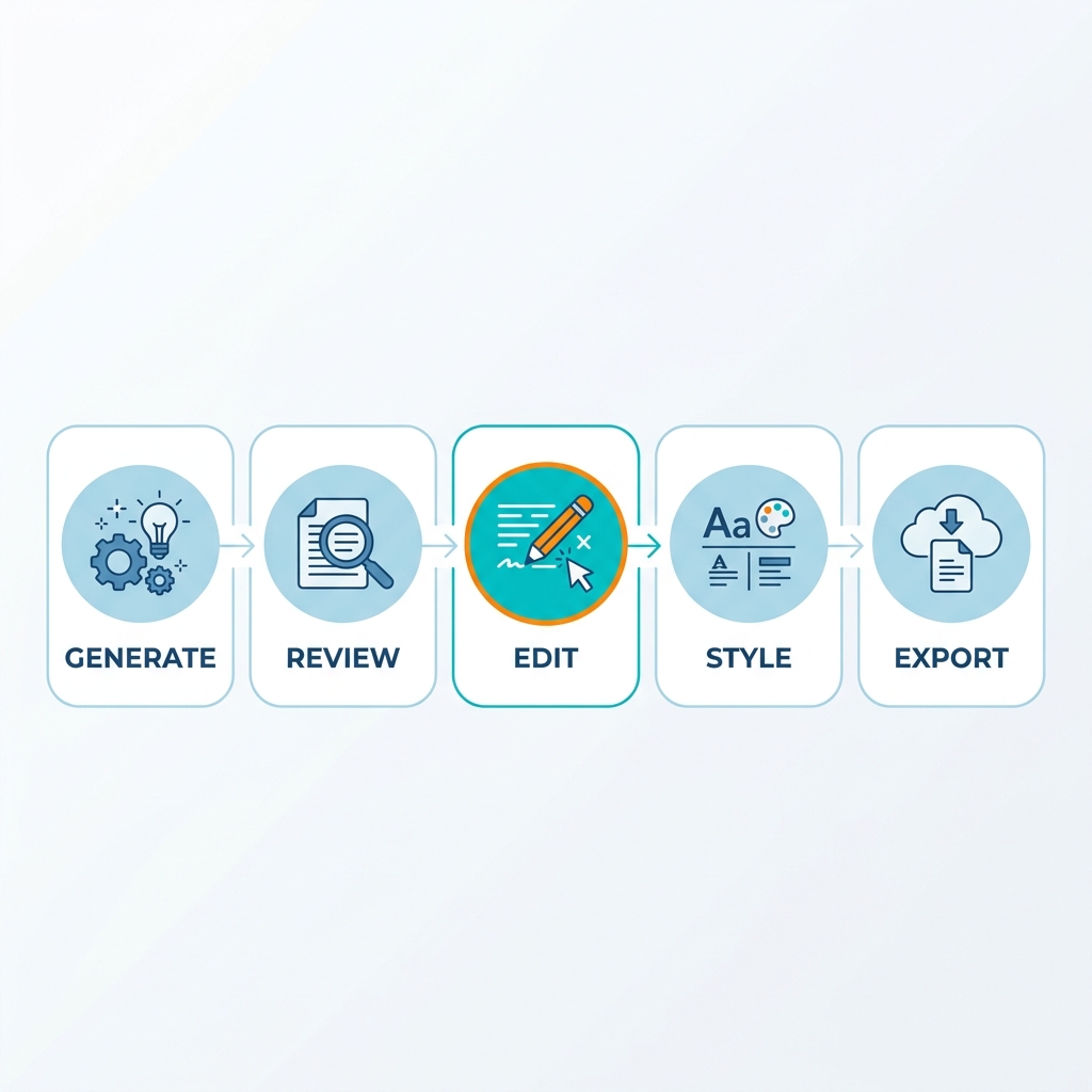 Five-step caption editing workflow infographic: Generate, Review, Edit, Style, Export shown as icons with arrows.