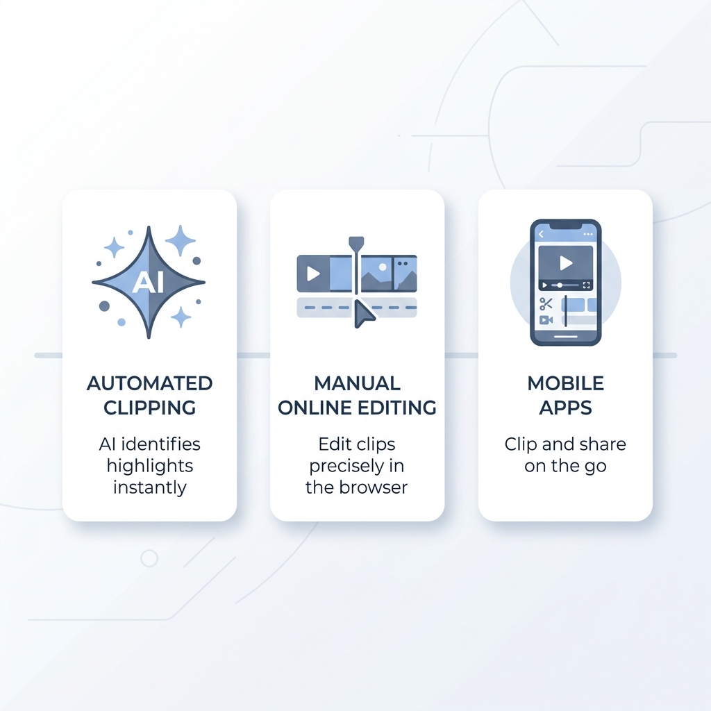 Infographic comparing three types of clipping video editors: AI-powered, online timeline, and mobile app.