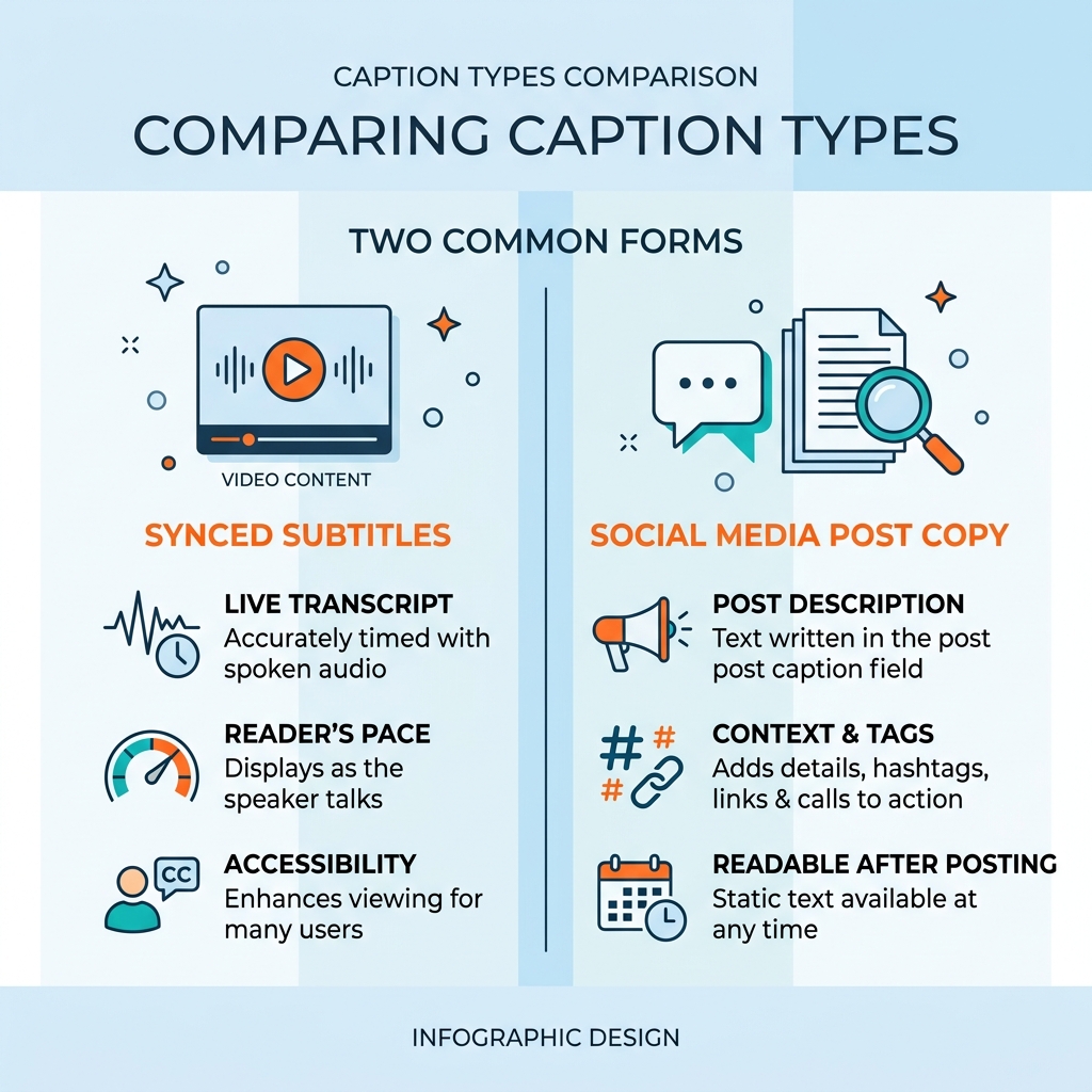 Infographic comparing video subtitle captions versus social media text captions side by side.