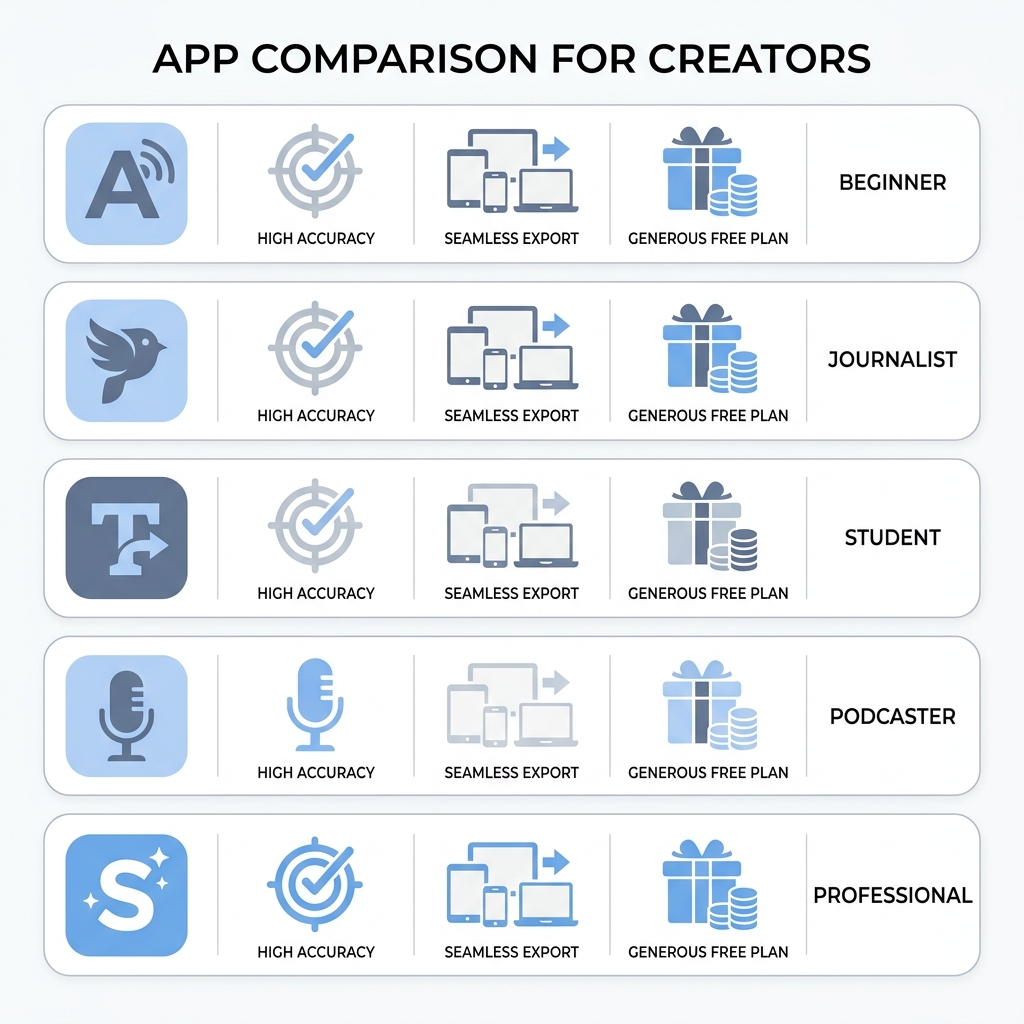 Minimalist comparison chart of five AI caption apps showing accuracy, platform export, and best-fit creator type.