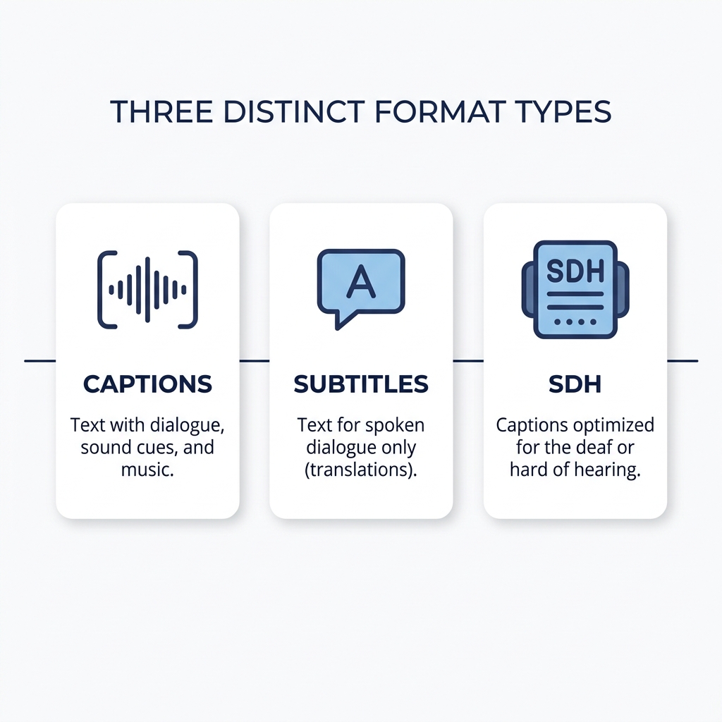 Infographic comparing captions, subtitles, and SDH formats with icons and short labels for each type.