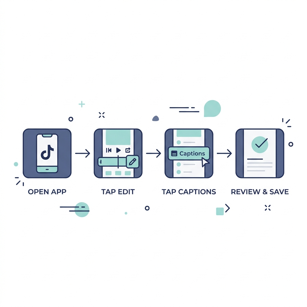 Four-step infographic showing how to enable TikTok's built-in auto-captions feature.