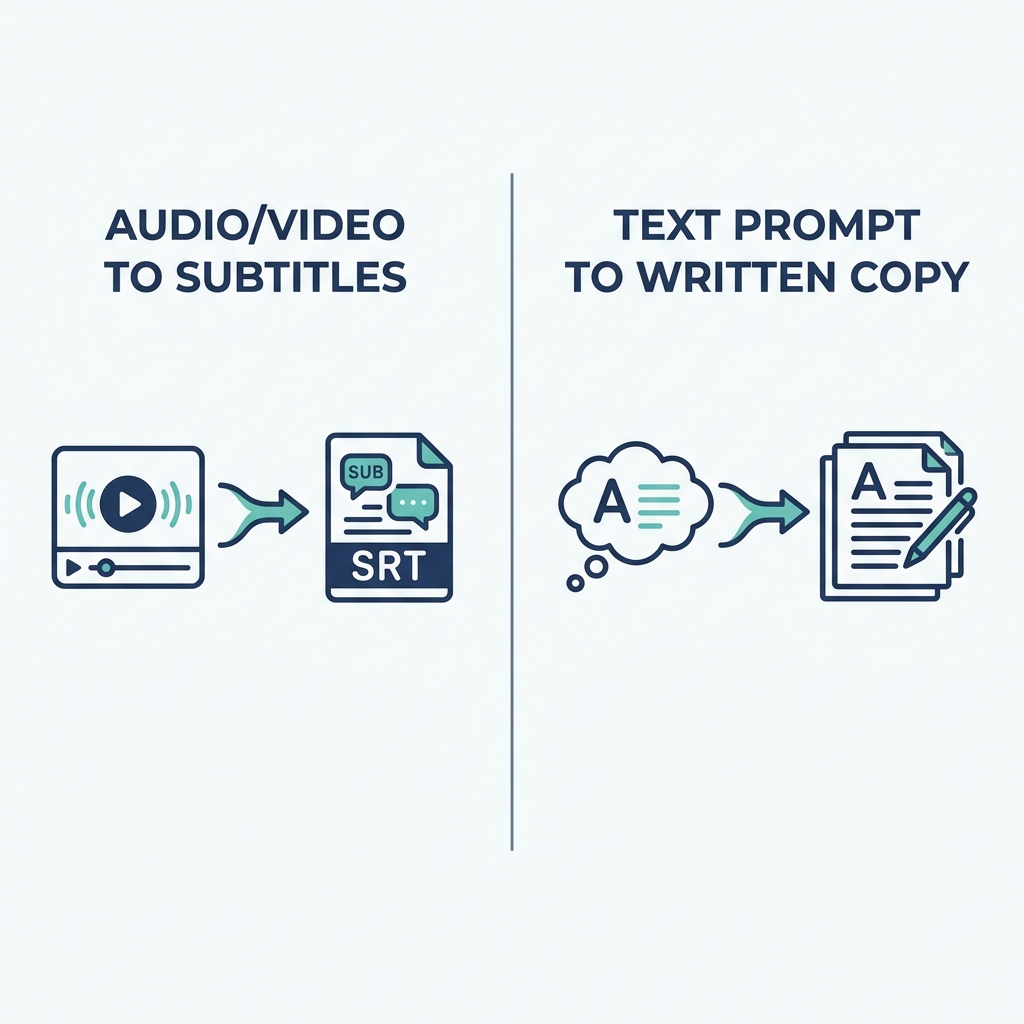 Infographic comparing video transcription caption generators versus social media caption writing tools, showing inputs and ou