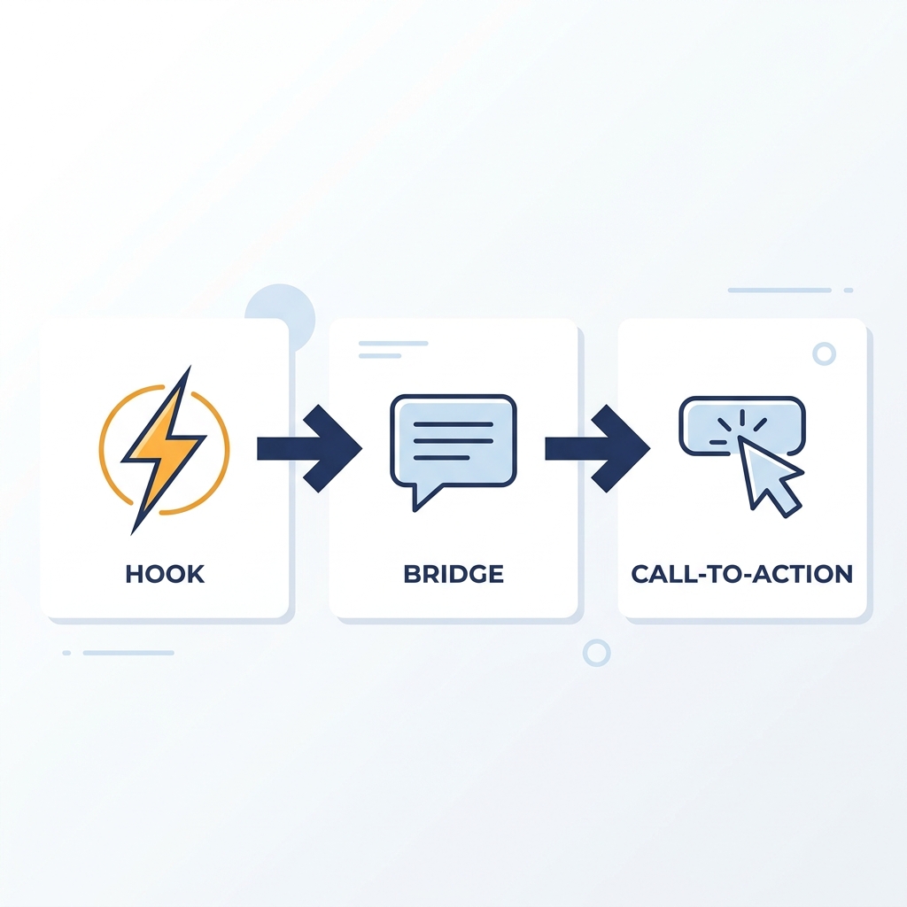Infographic showing the three-part ad caption formula: Hook, Body, and CTA as connected steps.