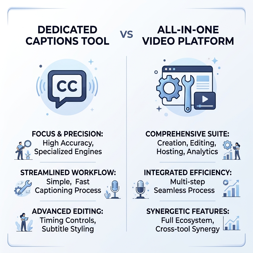 Infographic comparing dedicated AI captions apps versus all-in-one video platforms side by side.