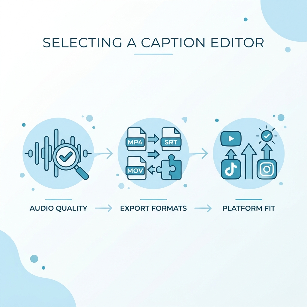 Three-step infographic for choosing a caption editor: test accuracy, check export format, confirm platform fit.