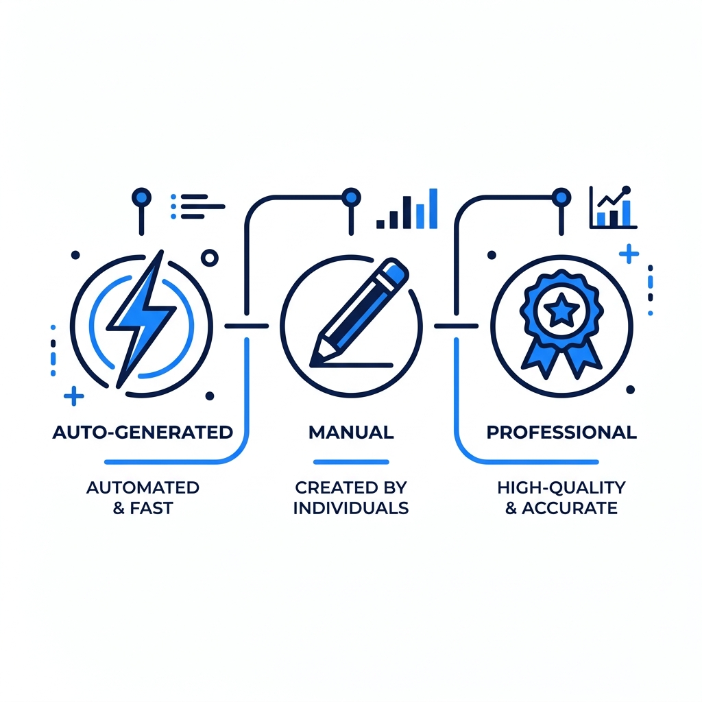 Infographic comparing three video captioning methods: auto-generated, manual, and professional transcription.