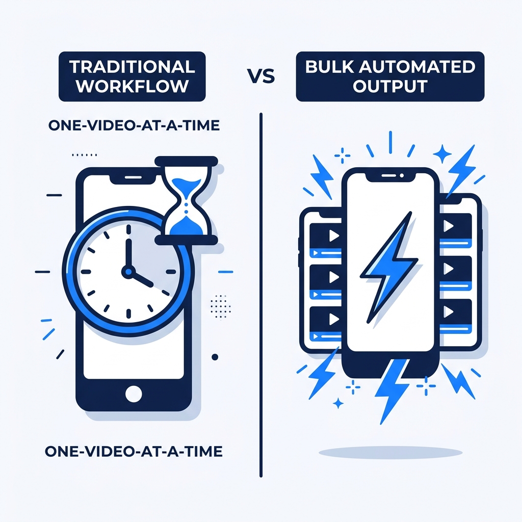 Infographic comparing single-video captioning workflow versus bulk automated video captioning for TikTok.