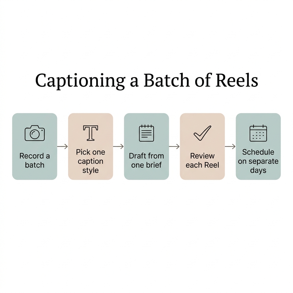 Process infographic titled Captioning a Batch of Reels showing the steps in order: record a batch, pick one caption style, draft from one brief, review each Reel, and schedule on separate days.