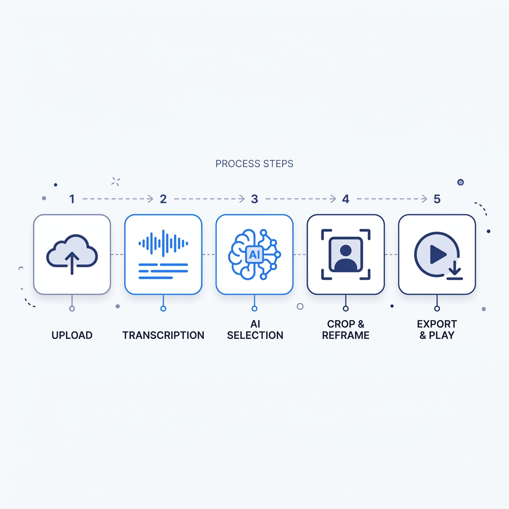Five-step AI clipping pipeline diagram: upload, transcribe, select, reframe, and render.