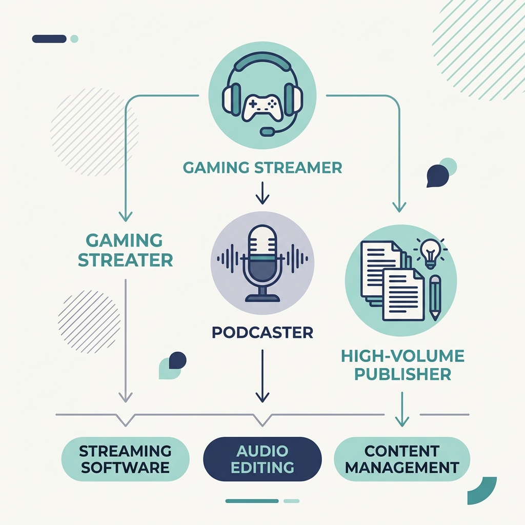 Infographic matching three creator types — gamer, podcaster, high-volume publisher — to their recommended AI clip maker categ