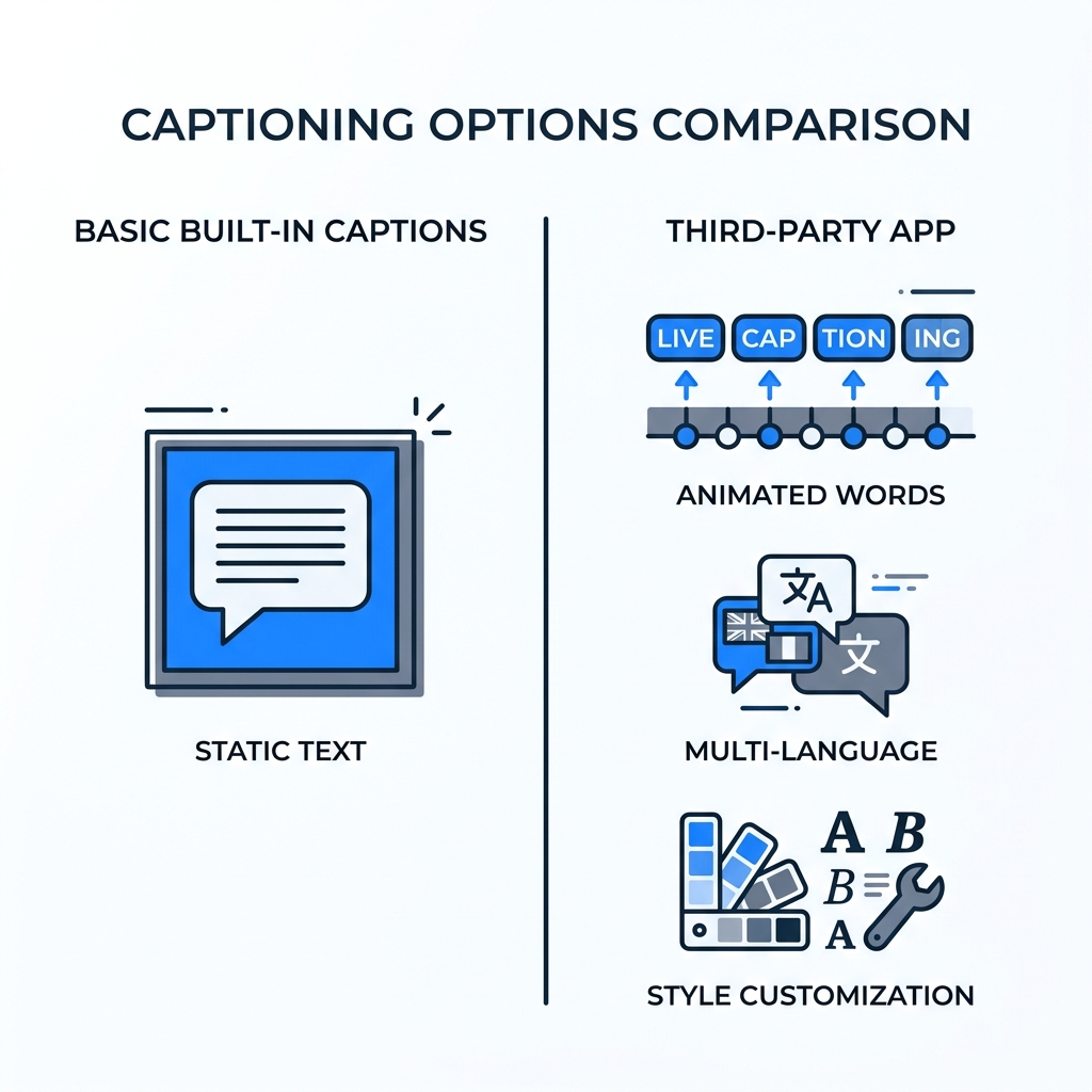 Comparison infographic showing TikTok native captions versus third-party caption app features for creators.